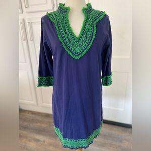GRETCHEN SCOTT Tunic Dress Blue Green Embroidery Luxury Boho Preppy Large